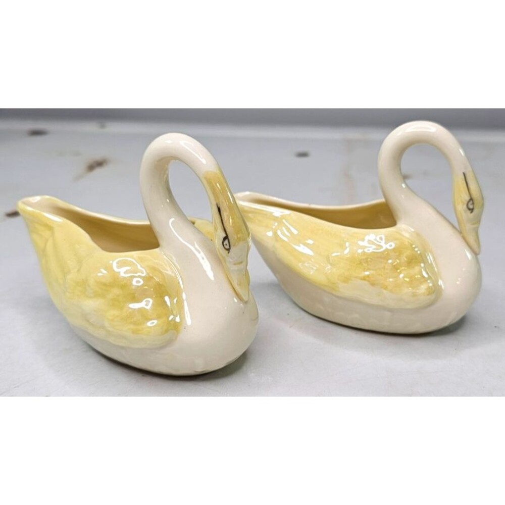 Set of 2 Vintage Belleek Ireland Swan Gravy Boats Yellow Cream Porcelain